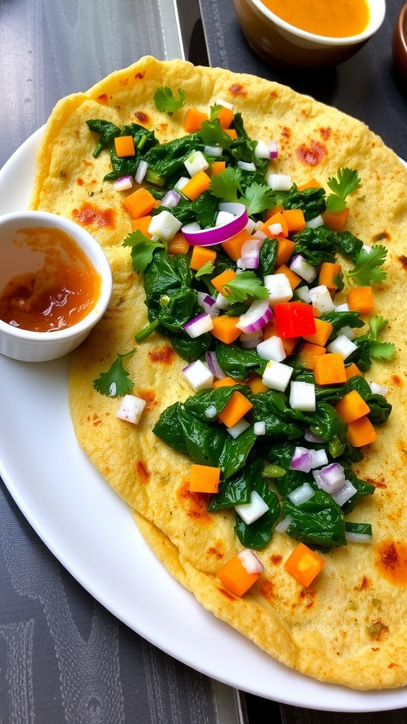 Spinach uttapam topped with vegetables, served with coconut chutney and sambar.